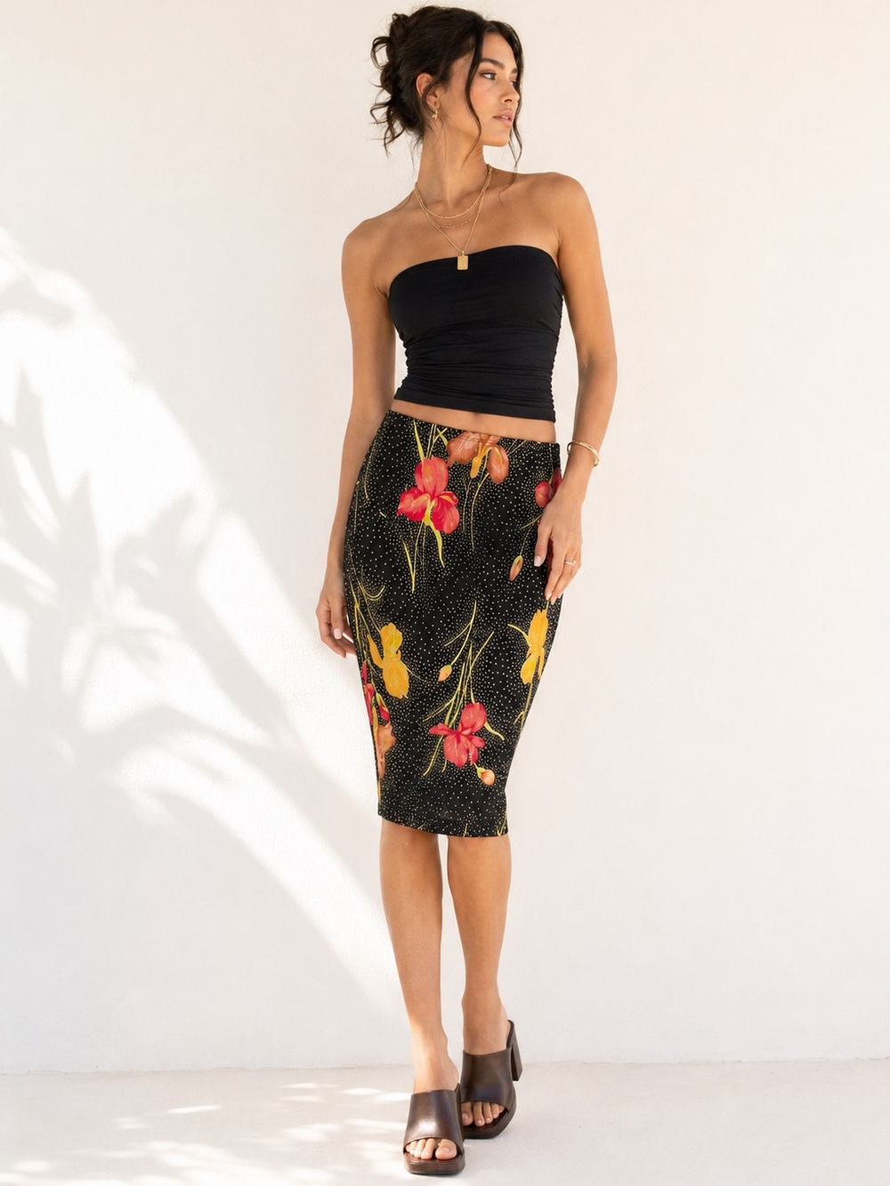 Y2K 90s Iris Floral Glitter Slinky Pencil Skirt Made Canada Kim & Co Size S